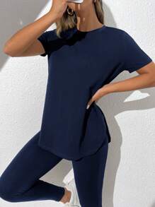 SHEIN Essnce Solid Split Hem Tee & Leggings - Navy Blue - View 4
