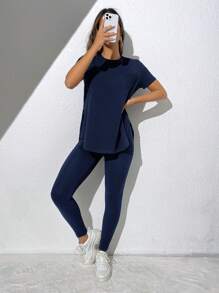 SHEIN Essnce Solid Split Hem Tee & Leggings - Navy Blue - View 5
