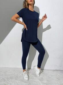 SHEIN Essnce Solid Split Hem Tee & Leggings - Navy Blue - View 6