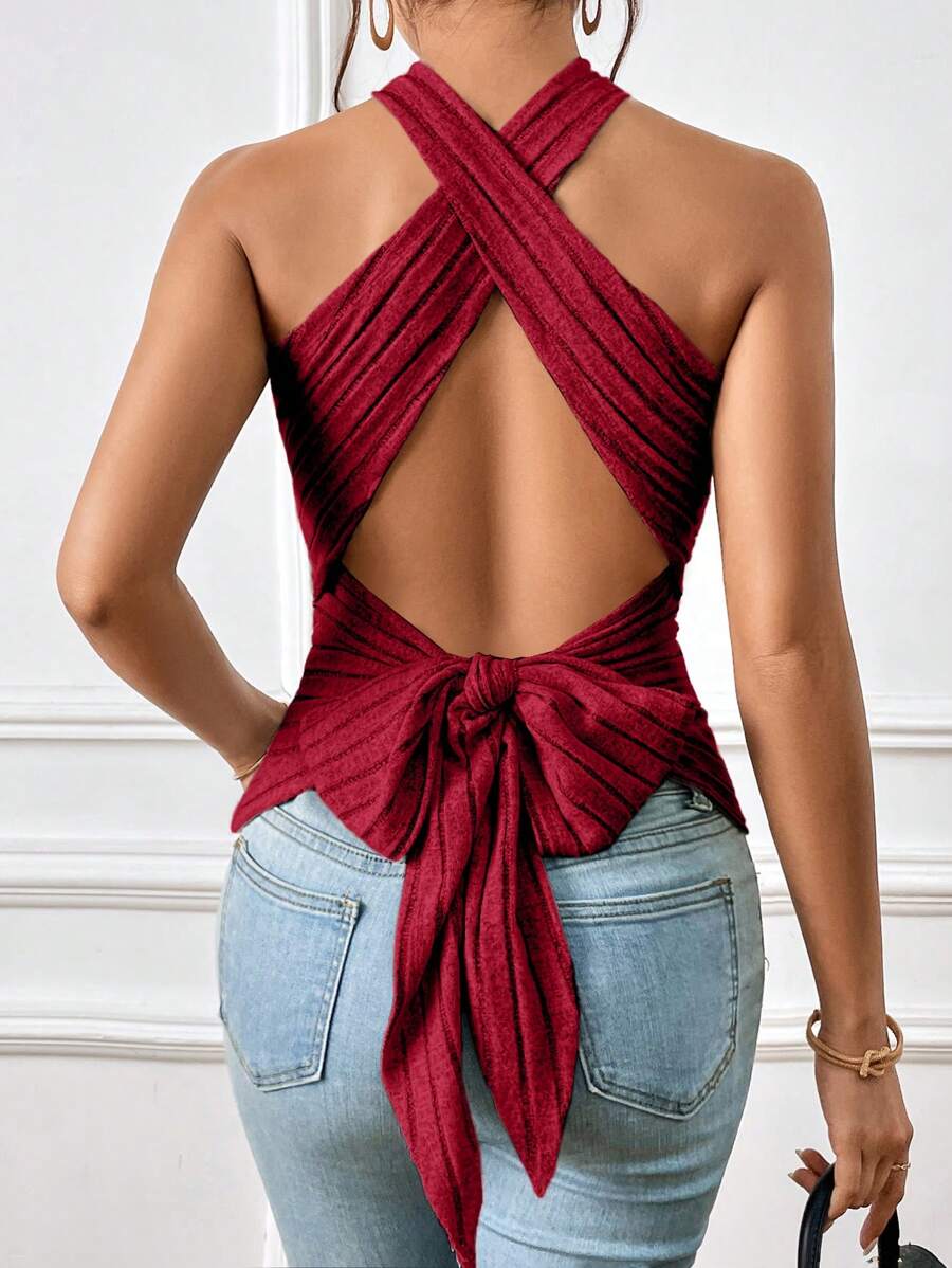 SHEIN Essnce Crisscross Tie Backless Halter Top - Burgundy - View 1