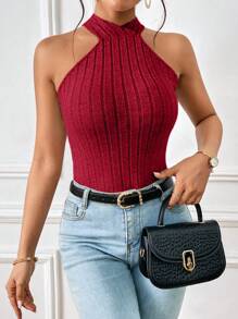 SHEIN Essnce Crisscross Tie Backless Halter Top - Burgundy - View 2
