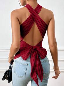 SHEIN Essnce Crisscross Tie Backless Halter Top - Burgundy - View 4