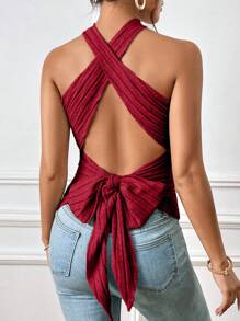 SHEIN Essnce Crisscross Tie Backless Halter Top - Burgundy - View 6