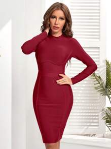 Mock Neck Zipper Back Bodycon Dress - Burgundy - View 3
