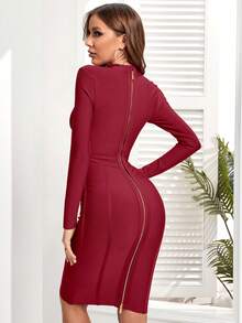 Mock Neck Zipper Back Bodycon Dress - Burgundy - View 2
