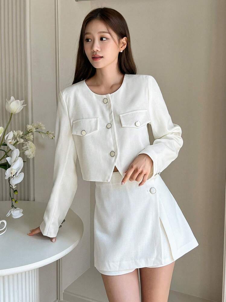 DAZY Cazadora crop con diseño de solapa con botón delantero - Blanco - Ver 6