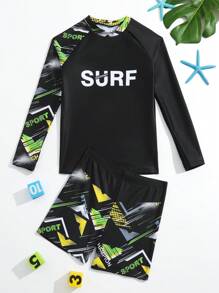 Tween Boy Letter Graphic High Neck Beach Swimsuit - Multicolor - View 4