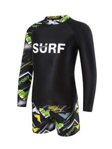 Tween Boy Letter Graphic High Neck Beach Swimsuit - Multicolor - View 3