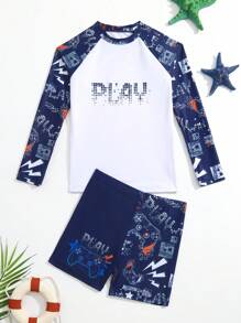 Tween Boy Letter Graphic Beach Swimsuit - Multicolor - View 3