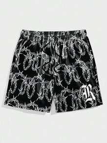 ROMWE MEN Street Life Men Letter Graphic Drawstring Waist Shorts, Football Style - Black - View 1