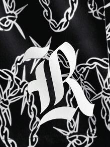 ROMWE MEN Street Life Men Letter Graphic Drawstring Waist Shorts, Football Style - Black - View 4