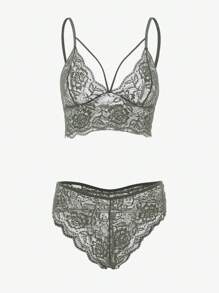 Floral Lace Scallop Trim Bra & Panty Lingerie Set - Green - View 1