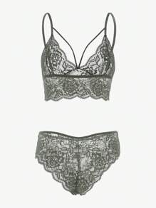 Floral Lace Scallop Trim Bra & Panty Lingerie Set - Green - View 2