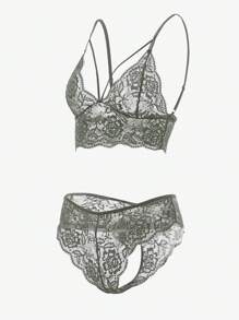 Floral Lace Scallop Trim Bra & Panty Lingerie Set - Green - View 3