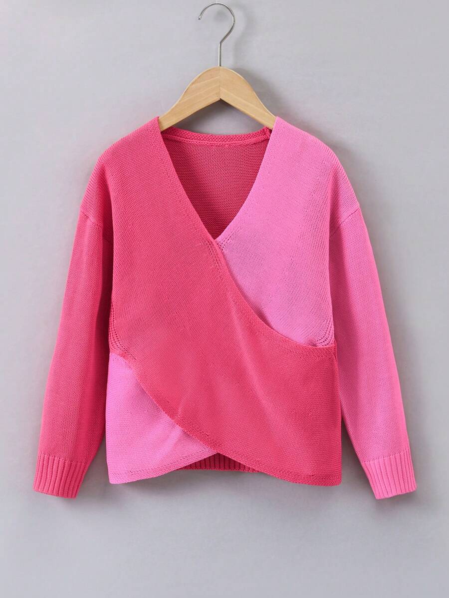 SHEIN Tween Girl Two Tone Crossover Drop Shoulder Sweater - Hot Pink - View 1