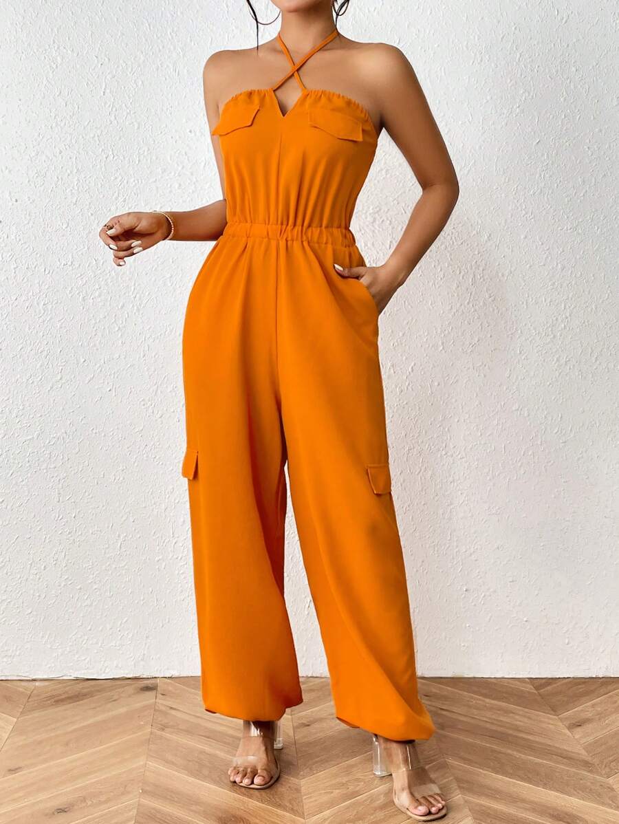Zolique Solid Flap Pocket Side Halter Jumpsuit - Burnt Orange - View 1