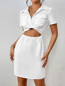 SHEIN Unity 鏤空前扭結翻蓋口袋連衣裙 - 白色 - 查看 1