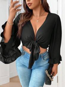 Calvaya Blusa corta de mujer con manga acampanada y nudo delantero - Negro - Ver 1