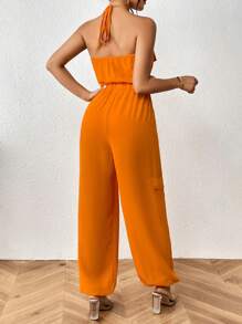 Zolique Solid Flap Pocket Side Halter Jumpsuit - Burnt Orange - View 2