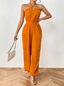 Zolique Solid Flap Pocket Side Halter Jumpsuit - Burnt Orange - View 3