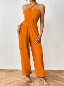 Zolique Solid Flap Pocket Side Halter Jumpsuit - Burnt Orange - View 4