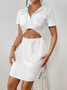 SHEIN Unity 鏤空前扭結翻蓋口袋連衣裙 - 白色 - 查看 4