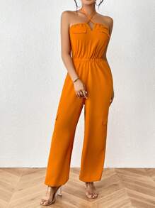 Zolique Solid Flap Pocket Side Halter Jumpsuit - Burnt Orange - View 5