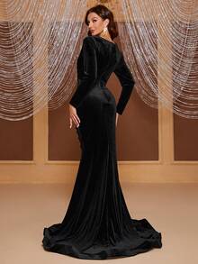 YISIKADO 優雅褶邊 高衩純色女士連衣裙 - 黑色 - 查看 2