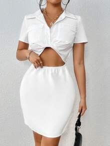 SHEIN Unity 鏤空前扭結翻蓋口袋連衣裙 - 白色 - 查看 5