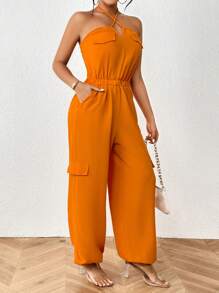 Zolique Solid Flap Pocket Side Halter Jumpsuit - Burnt Orange - View 6
