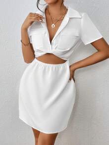 SHEIN Unity 鏤空前扭結翻蓋口袋連衣裙 - 白色 - 查看 6