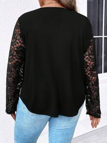 SHEIN LUNE Plus Contrast Lace Half Zip Tee - Black - View 2