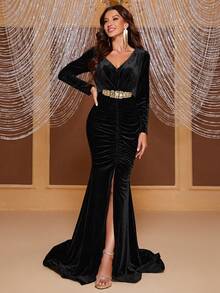 YISIKADO 優雅褶邊 高衩純色女士連衣裙 - 黑色 - 查看 5