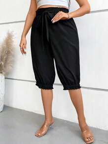 SHEIN LUNE Talla grande Pantalones capri de cintura con volante bajo fruncido con cinturón - Negro - Ver 5