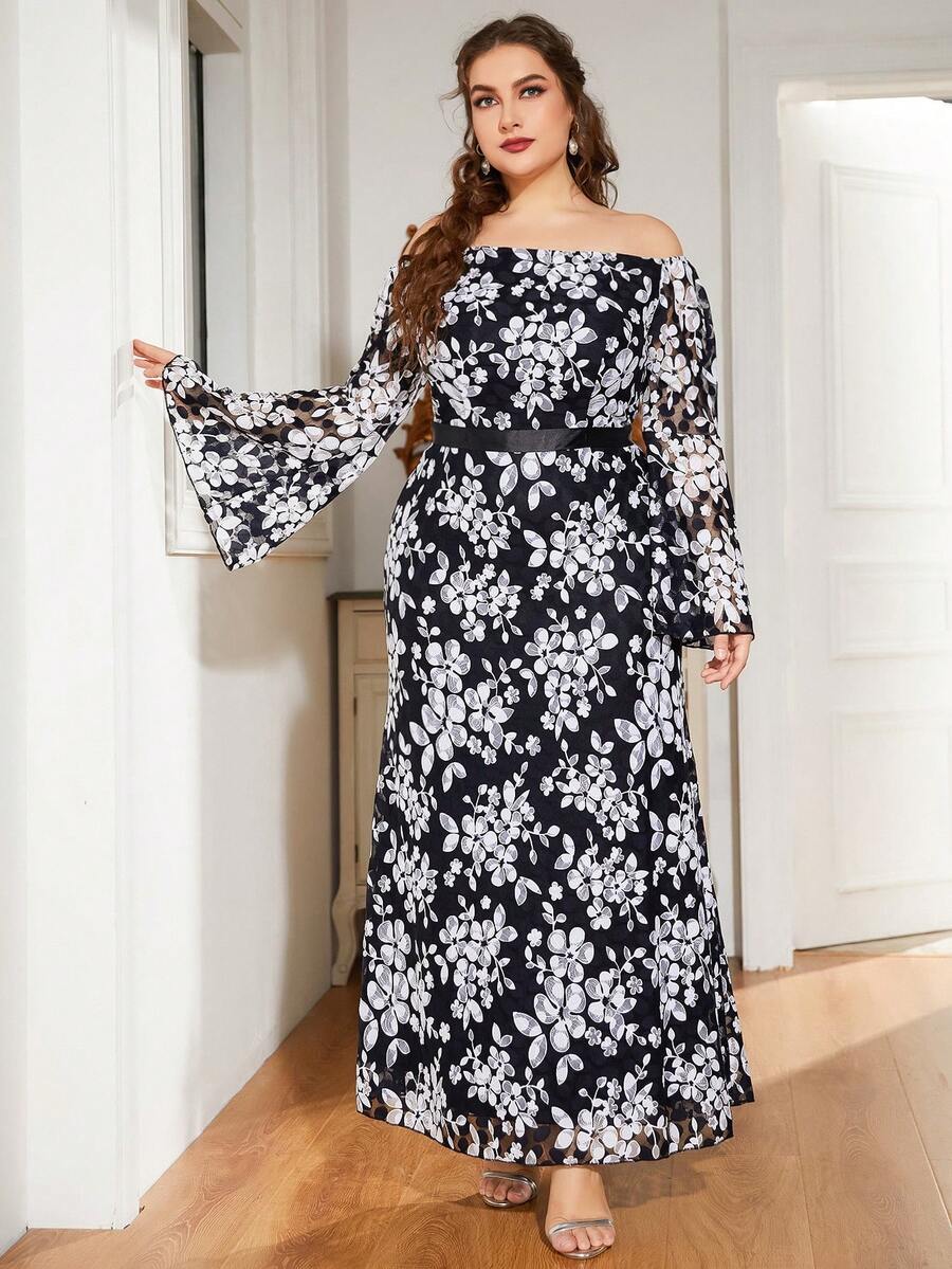 Hơn In hoa Off Shoulder tay áo lá sen Lưới Đầm - Đen và trắng - Xem 1