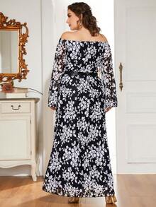 Hơn In hoa Off Shoulder tay áo lá sen Lưới Đầm - Đen và trắng - Xem 2