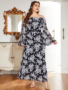 Hơn In hoa Off Shoulder tay áo lá sen Lưới Đầm - Đen và trắng - Xem 3
