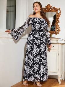 Hơn In hoa Off Shoulder tay áo lá sen Lưới Đầm - Đen và trắng - Xem 6