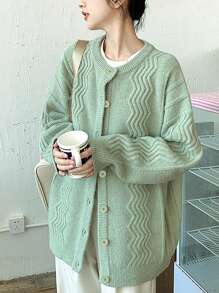 素色落肩袖前排扣開襟衫 - 綠色 - 查看 1