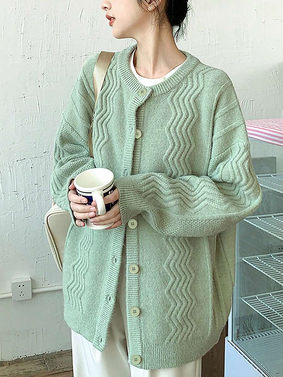 素色落肩袖前排扣開襟衫 - 綠色 - 查看 1