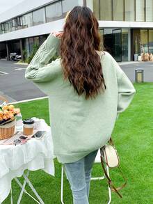 素色落肩袖前排扣開襟衫 - 綠色 - 查看 2