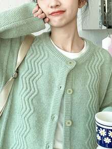 素色落肩袖前排扣開襟衫 - 綠色 - 查看 3