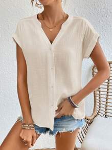 SHEIN Frenchy Áo sơ mi nữ Nút phía trước màu trơn Giải trí - Màu be - Xem 1