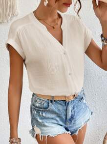 SHEIN Frenchy Áo sơ mi nữ Nút phía trước màu trơn Giải trí - Màu be - Xem 3