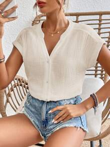 SHEIN Frenchy Áo sơ mi nữ Nút phía trước màu trơn Giải trí - Màu be - Xem 4