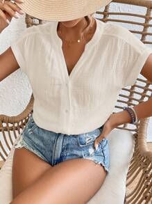 SHEIN Frenchy Áo sơ mi nữ Nút phía trước màu trơn Giải trí - Màu be - Xem 5