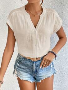 SHEIN Frenchy Áo sơ mi nữ Nút phía trước màu trơn Giải trí - Màu be - Xem 6