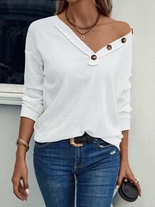 SHEIN LUNE Button Detail Drop Shoulder Sweatshirt - White - View 3
