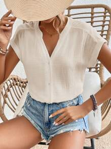 SHEIN Frenchy Áo sơ mi nữ Nút phía trước màu trơn Giải trí - Màu be - Xem 8