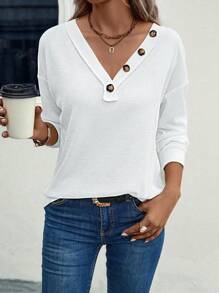 SHEIN LUNE Button Detail Drop Shoulder Sweatshirt - White - View 6